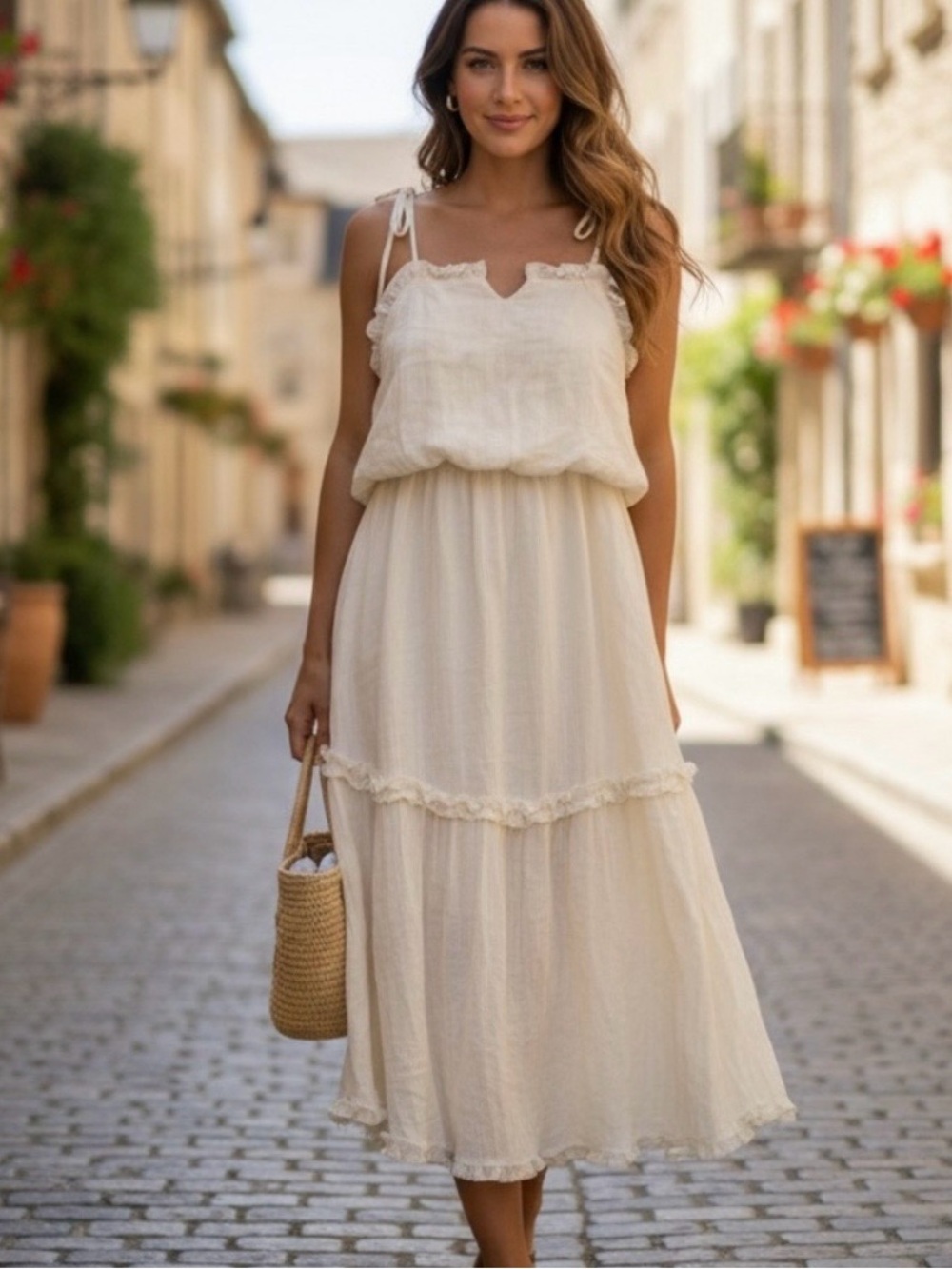 Listicle Sz L Off White Halter Ruffle Tiered Midi Cotton Dress